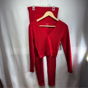 Elegant Red V-Neck‎ Ribbed Pantsuit
